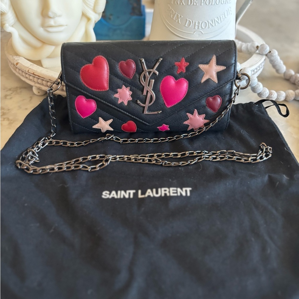 RARE Saint Laurent Calfskin Matelasse Chevron Heart Patchwork Monogram WOC-Black